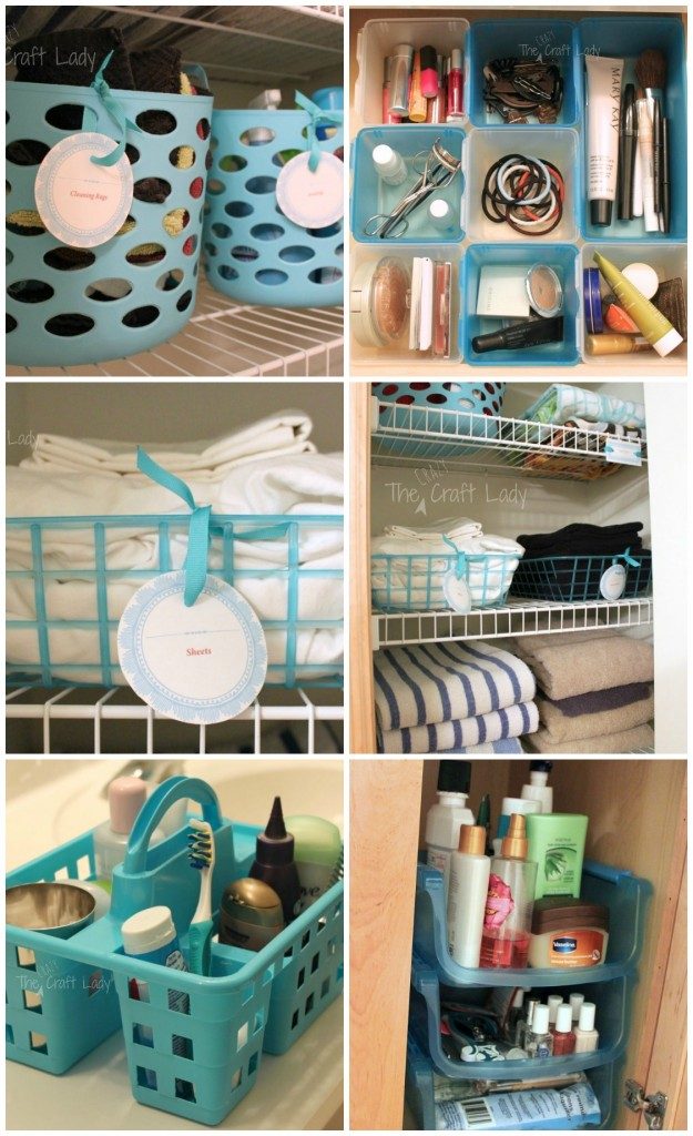 using dollar store baskets and caddies to create cute, colorful bathroom decor and bathroom organization