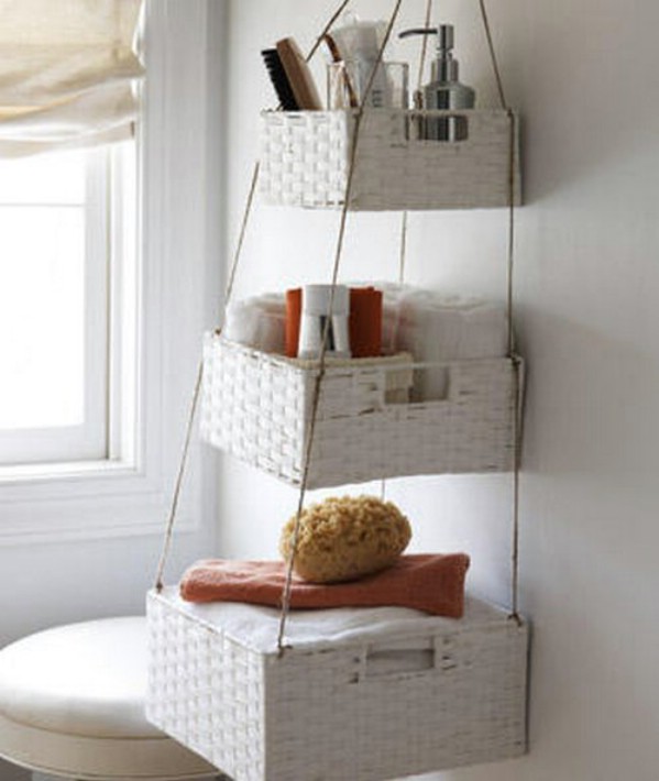 small space bathroom organization solutions use hanging baskets to store toiletries and other necessities. easy DIY instructions 