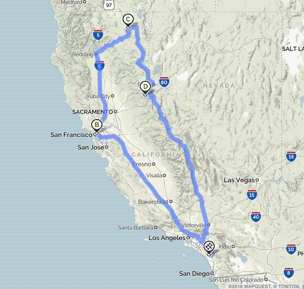 this is the route we took from San Diego to northern California and back on our big huge vacation in the car