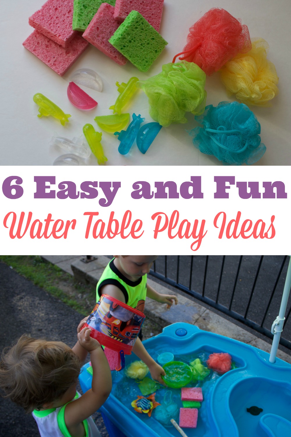 6 cheap and easy ideas for DIY water table activities. My kids are a toddler and a preschooler and they love these creative outdoor homemade outdoor play activities. They are a lot of fun for kids and can be made from repurposed objects. The water table toys can easily be adapted for sand and other sensory play. 